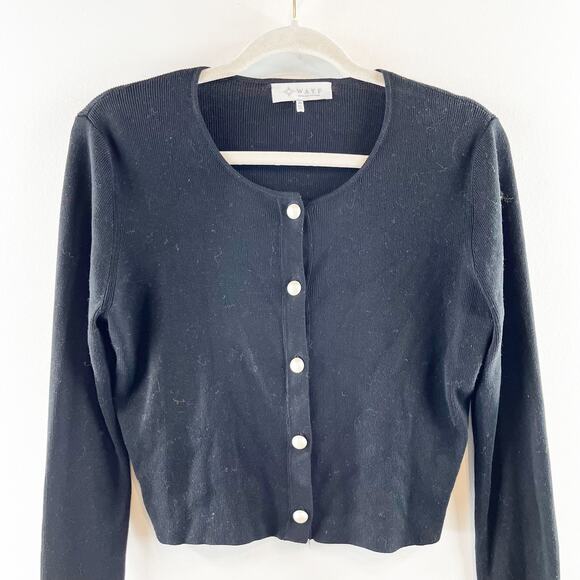 Wayf Long Sleeve Button Front Cropped Cardigan with Faux Fur Cuffs Black Medium - Picture 8 of 9